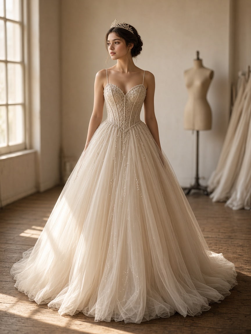 Vestido marfil en el estudio